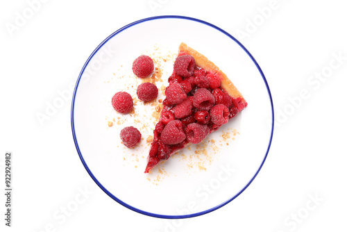 PNG, Piece of berry pie with raspberries on plate, isolated on white background, top view