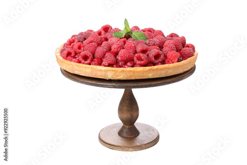 PNG, Berry pie with raspberries on wooden stand, isolated on white background photo