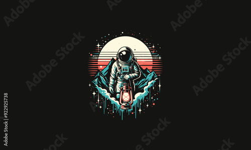 astronaut holding lantern on forest vector artwork design