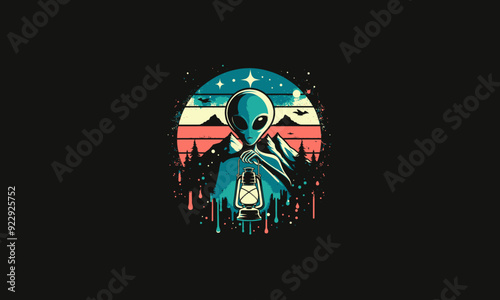 alien holding lantern on forest vector artwork design