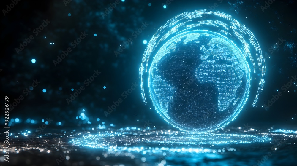 Obraz premium Futuristic 3D Globe with Digital Data Halo Symbolizing Access to Divine Knowledge