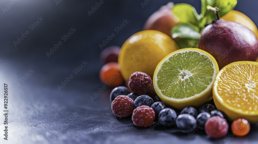 Fresh Citrus Fruit and Berries on Dark Background