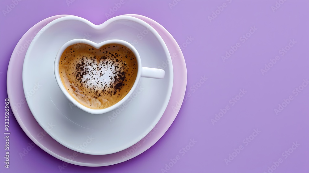 Cup of coffee on heart shaped plate on purple background Cup of coffee on heart shaped plate on purple background