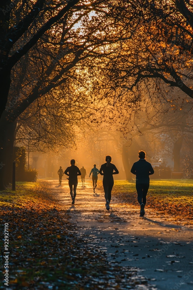 Morning joggers in a park with the sun rising Morning joggers in a park with the sun rising
