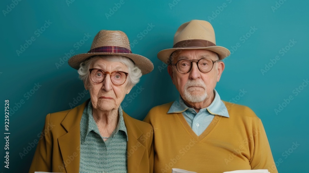 Close up portrait of an elderly retired couple sitting together and discussing current events while reading newspapers in a studio setting with a teal background Close up portrait of an elderly retired couple sitting together and discussing current events while reading newspapers in a studio setting with a teal background