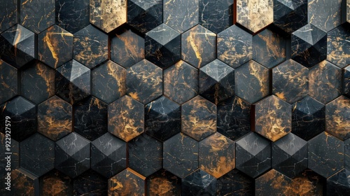A digital illustration featuring a hexagonal grid pattern in shades of black, gold, and brown.