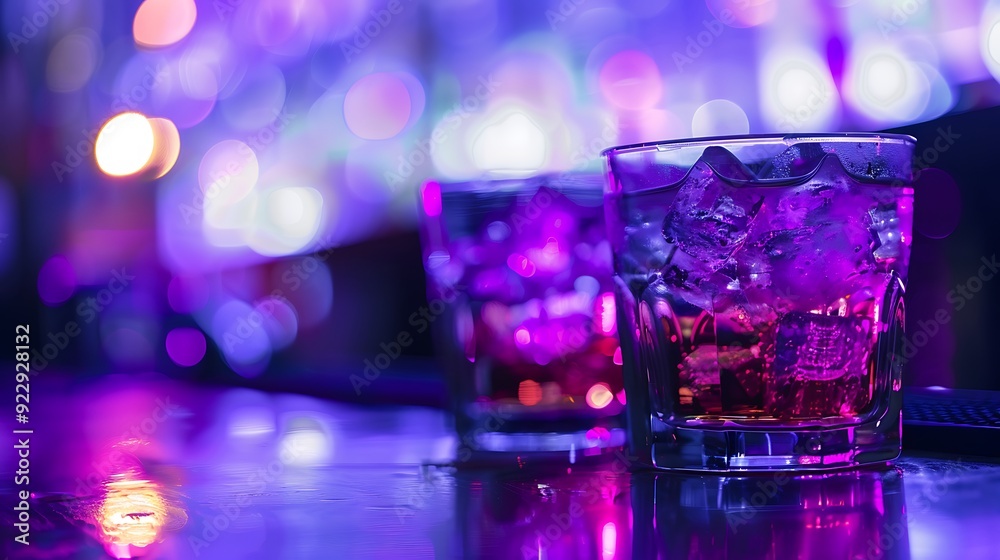 Drinks at the bar at the party with purple light effects in a background Drinks at the bar at the party with purple light effects in a background