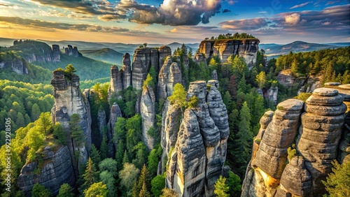 Bastei Rock Formation in S?chsische Schweiz, Germany with dramatic cliffs and lush greenery, Bastei photo