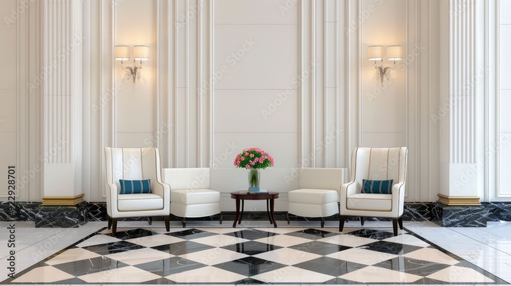 Luxurious hotel lobby featuring a grand elegant design with marble floors chandeliers and comfortable Luxurious hotel lobby featuring a grand elegant design with marble floors chandeliers and comfortable