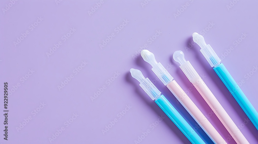 Flat lay composition with pregnancy tests stacked on blue pastel on purple background Flat lay composition with pregnancy tests stacked on blue pastel on purple background