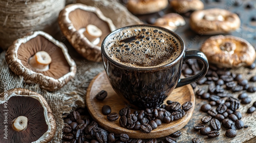 Mushroom coffee on a rustic table Mushroom coffee on a rustic table