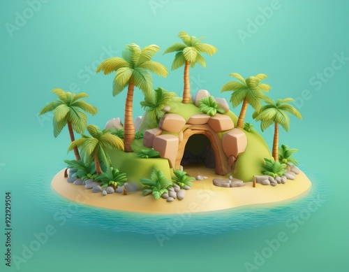 3D tropical island with a cave in the middle surrounded by palm trees, 3D render