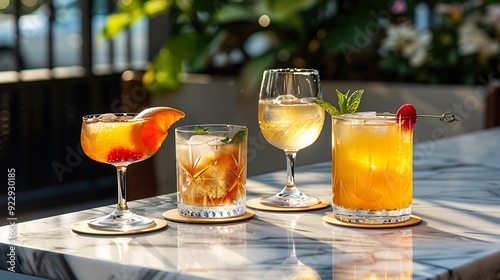Four cocktails on ice in drinking glasses served on coasters on marble table in the bar garden