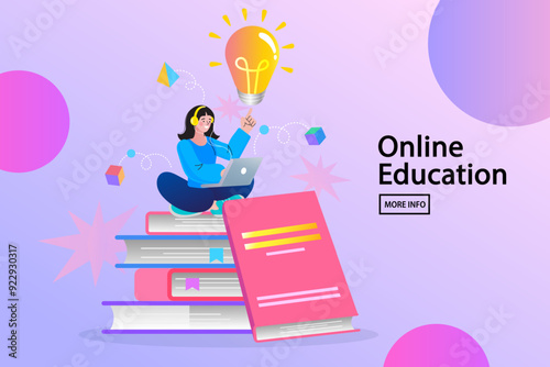 A woman sits on a stack of books under a glowing lightbulb, representing a creative idea from online learning. Vector concept for e-learning, knowledge, and digital courses