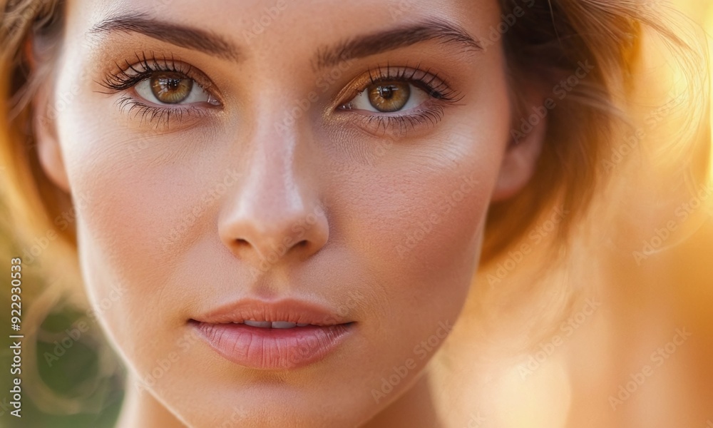 Close-up of a woman with glowing, healthy skin, natural light, and a serene expression Close-up of a woman with glowing, healthy skin, natural light, and a serene expression