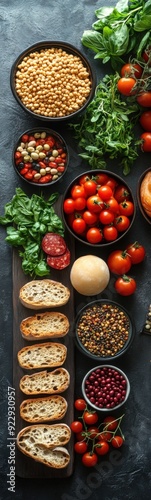 Many different types of food on a table, Food background