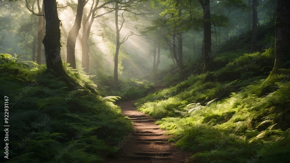 Fototapeta premium Sunbeams illuminate a path through a misty forest.