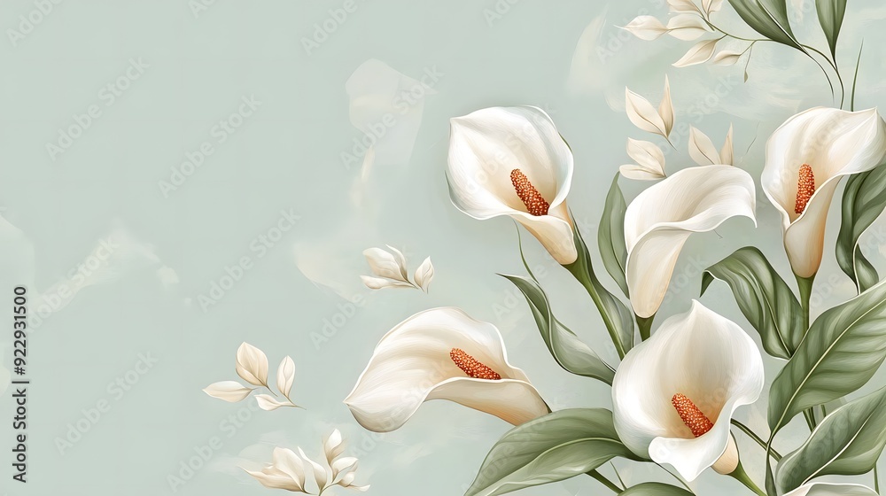 Obraz premium White Calla Lilies with Green Leaves on a Light Blue Background. Template for quotes, and greetings cards.