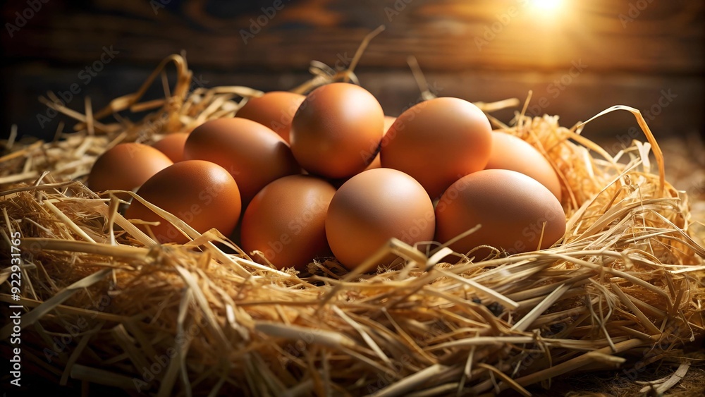 Rustic Elegance: Chicken Eggs in a Nest of Straw generative AI Rustic Elegance: Chicken Eggs in a Nest of Straw generative AI