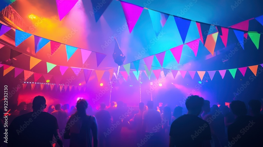 Naklejka premium Neon-colored bunting and flags glowing 