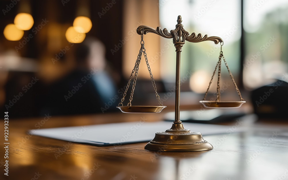 Golden Scales of Justice on Wooden Table Golden Scales of Justice on Wooden Table