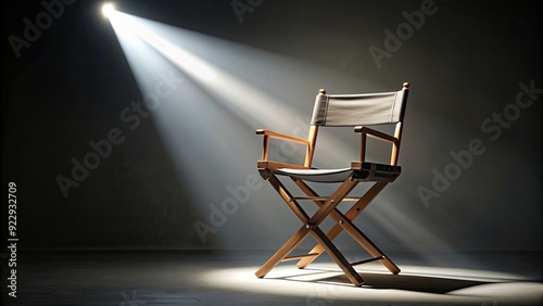 Director's chair in a beam of light with backlight, symbolizing selection and casting, director, chair, beam of light