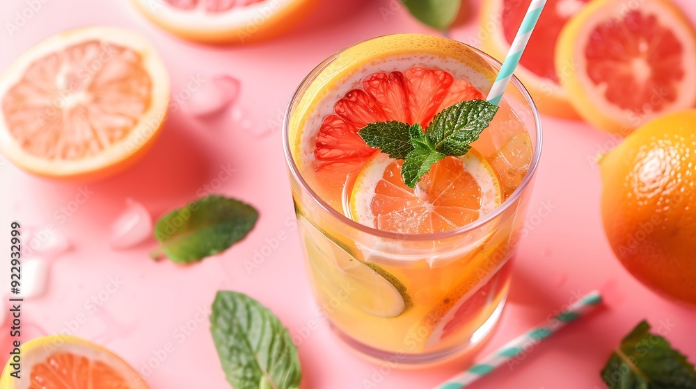 Glass of juice made of citrus slices with mint leaves and a straw on light pink background Glass of juice made of citrus slices with mint leaves and a straw on light pink background