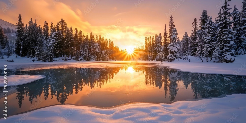 A serene sunrise casting a warm golden glow over a frozen lake, with snow-dusted pine trees reflecting in the still water. A serene sunrise casting a warm golden glow over a frozen lake, with snow-dusted pine trees reflecting in the still water.