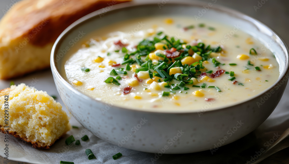 A closeup of a bowl of creamy corn chowder A closeup of a bowl of creamy corn chowder