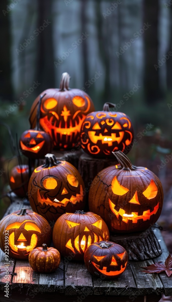 Lit Jack-o'-Lanterns on Wooden Table in Forest Lit Jack-o'-Lanterns on Wooden Table in Forest