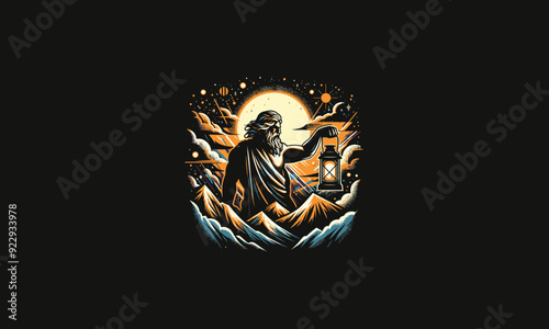 zeus holding lantern on mountain vector artwork design