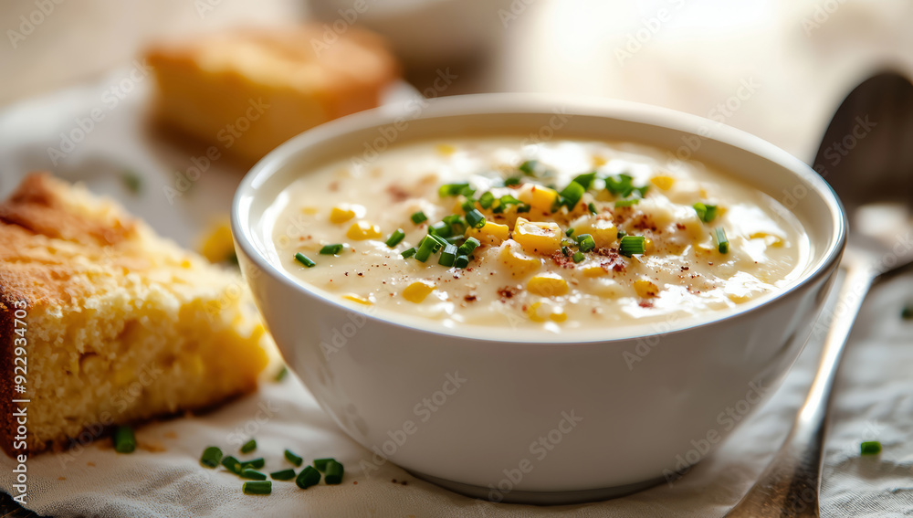 A closeup of a bowl of creamy corn chowder A closeup of a bowl of creamy corn chowder
