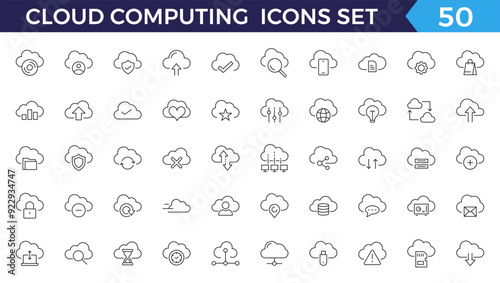 Cloud Computing line icons set. Cloud, cloud services, server, cyber security, digital transformation, computing, server, database, technology, networking, data and internet outline icons collection.