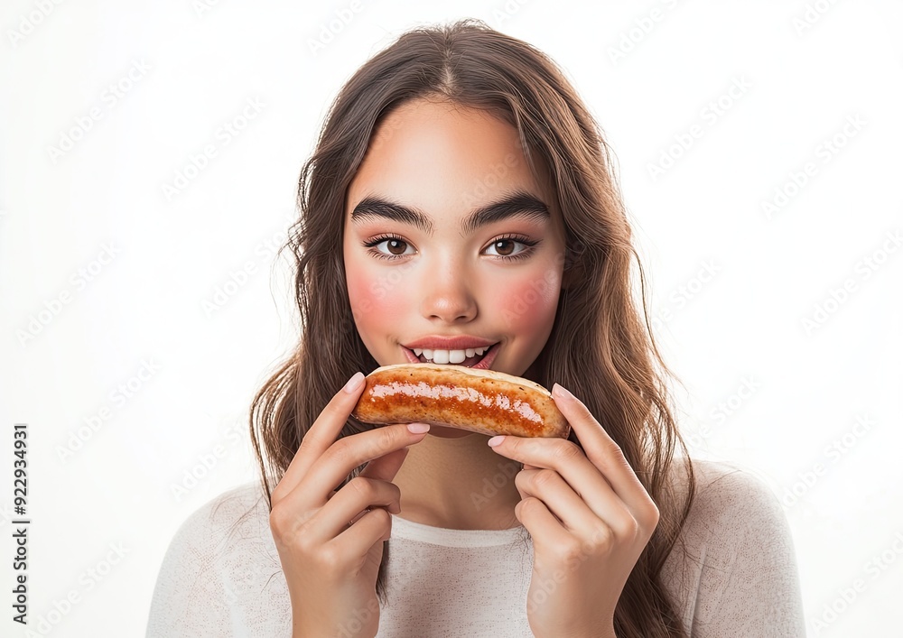 A woman is holding a hot dog in her mouth A woman is holding a hot dog in her mouth