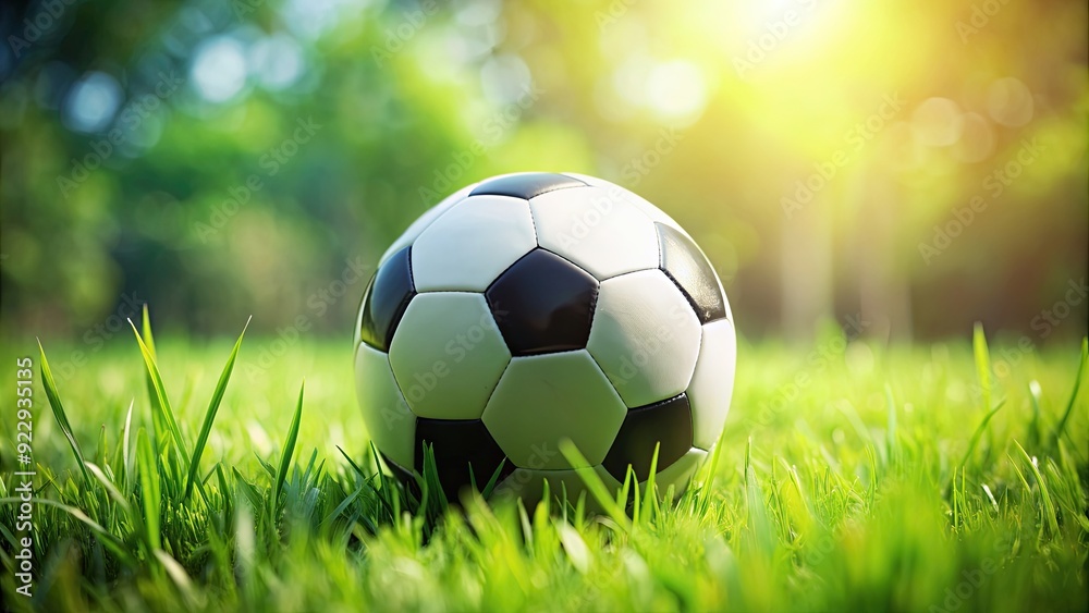 Fototapeta premium Soccer ball resting on lush green grass, football, sports, play, outdoor, recreation, athletics, leisure, exercise