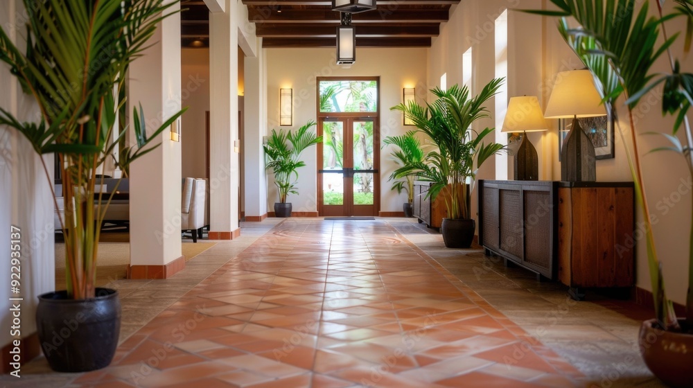 Elegant and inviting tropical resort lobby with a check in counter and lush verdant decorative plants creating a warm welcoming ambiance for guests Elegant and inviting tropical resort lobby with a check in counter and lush verdant decorative plants creating a warm welcoming ambiance for guests