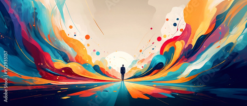3D Illustration of man walking out of the colorful darkness toward the light, surreal abstract concept