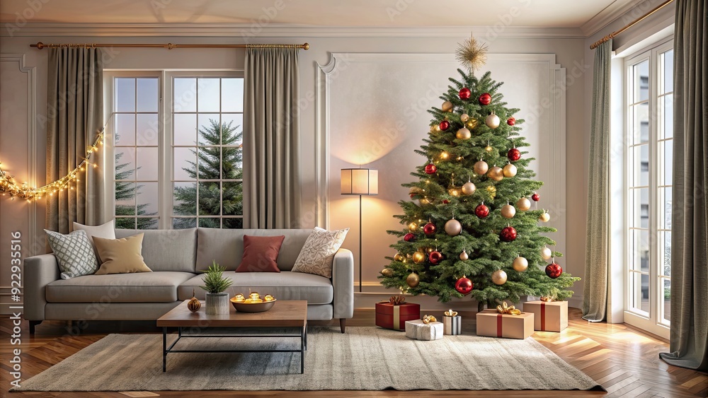 Cozy living room interior with a decorated Christmas tree, festive, holiday, home, decorations, winter, family, cozy Cozy living room interior with a decorated Christmas tree, festive, holiday, home, decorations, winter, family, cozy