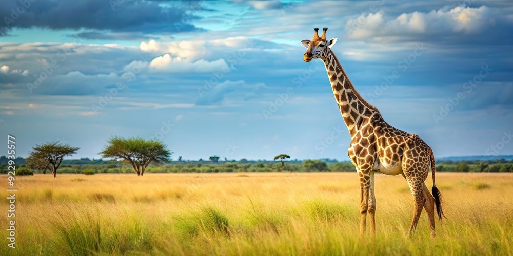 Obraz premium Majestic giraffe in its natural habitat, standing tall and graceful amidst the African savanna, wildlife, giraffe, nature