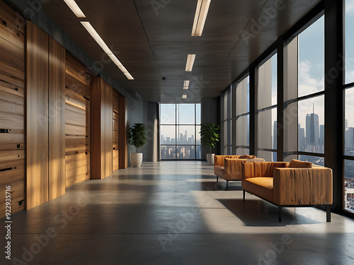Modern wooden and concrete office hallway interior with furniture window with city view and daylight 3D Rendering