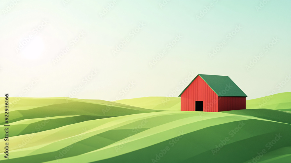 A minimalist low-poly illustration of a green hill with a red barn against a sunny sky. A minimalist low-poly illustration of a green hill with a red barn against a sunny sky.