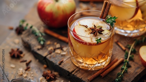 Hard apple cider cocktail with cinnamon and thyme fall drink concept