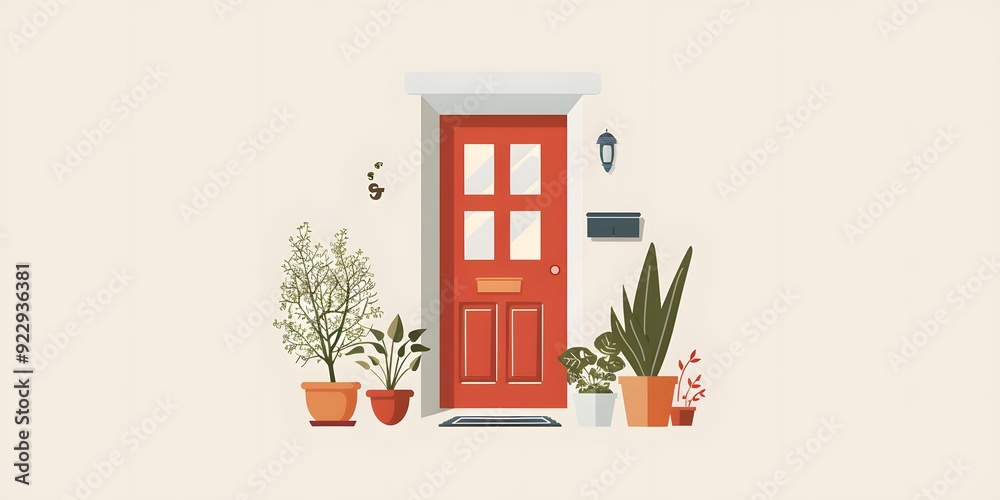 A cozy house logo with warm colors, featuring a front door with a welcome mat and potted plants A cozy house logo with warm colors, featuring a front door with a welcome mat and potted plants