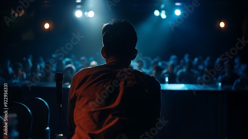 Talent show contestant with a poker face performing on stage with an expressionless demeanor captivating the audience with their mysterious and serious presence