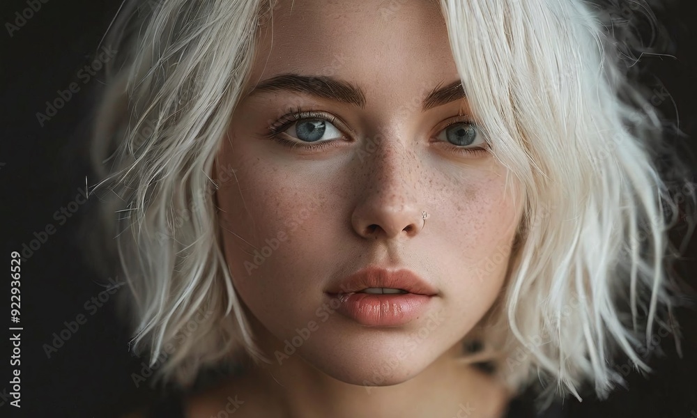 Beautiful blonde woman with white hair in bob style, isolated on black background Beautiful blonde woman with white hair in bob style, isolated on black background