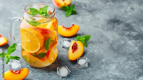 Homemade peach iced tea or lemonade with fresh mint and ice cubes in glass jar on gray stone background