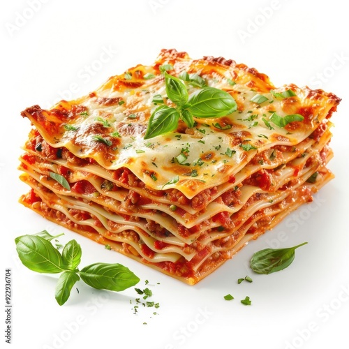 A stack of four lasagnas, each with cheese on top, garnished with basil leaves. photo