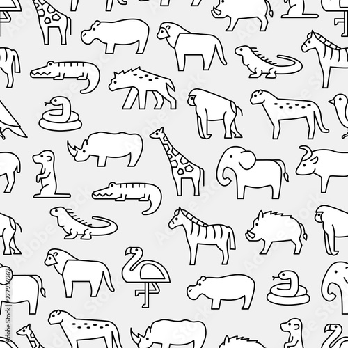 Wild animals savanna seamless pattern doodle hand drawn line icons set background simple modern symbol wallpaper backdrop minimalist illustration