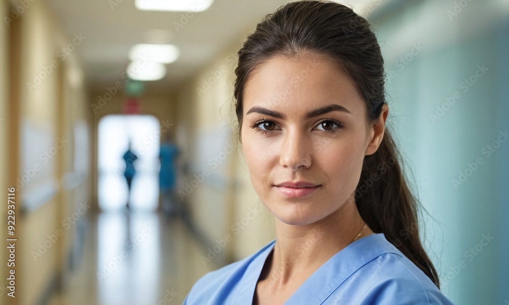 Portrait of young woman nurse at hospital corridor Portrait of young woman nurse at hospital corridor