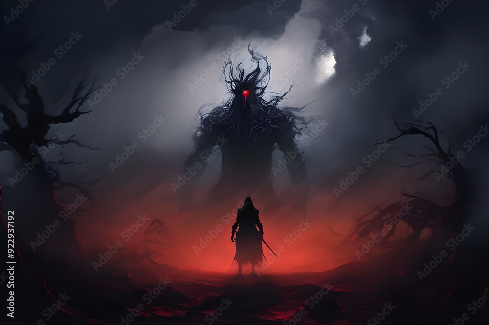 Fototapeta premium A demon from legends, a dark and terrifying background